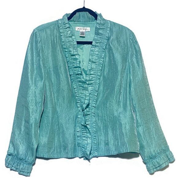 Rafael Turquoise Jacket Women's Size 14 Lined Lightweight Ruffled Trim Front Tie - Picture 1 of 8